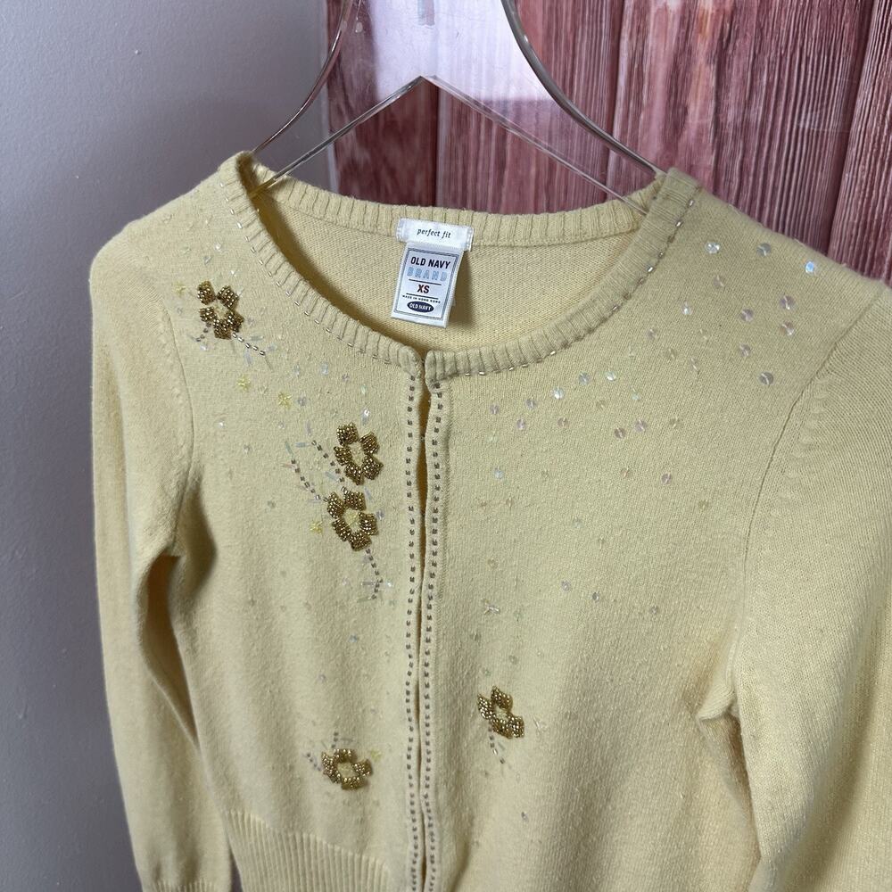 VTG 90s Old Navy Butter Yellow Cardigan Beaded Coquette Fairy Womens Size XS - Picture 8 of 8